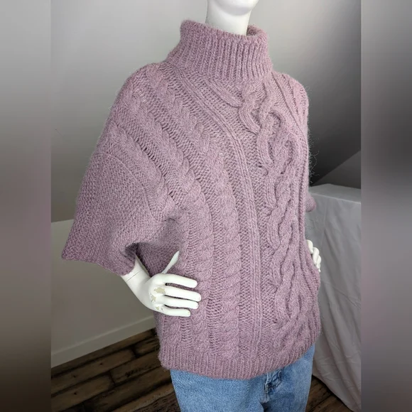 Italian Made Alpaca Blend Cable Knit Batwing Turtleneck, Size Medium - Picture 2 of 10